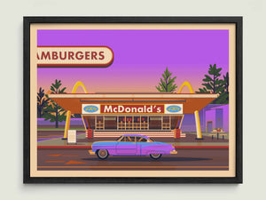 McDonald's Downey illustration of a Los Angeles landmark by George Townley – detailed architectural art print capturing the iconic landmark