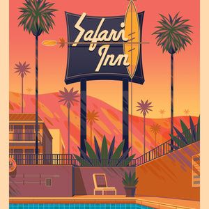 Safari Inn illustration of a Los Angeles landmark by George Townley – detailed architectural art print capturing the iconic landmark