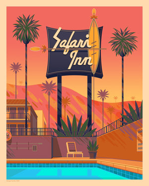 Safari Inn illustration of a Los Angeles landmark by George Townley – detailed architectural art print capturing the iconic landmark