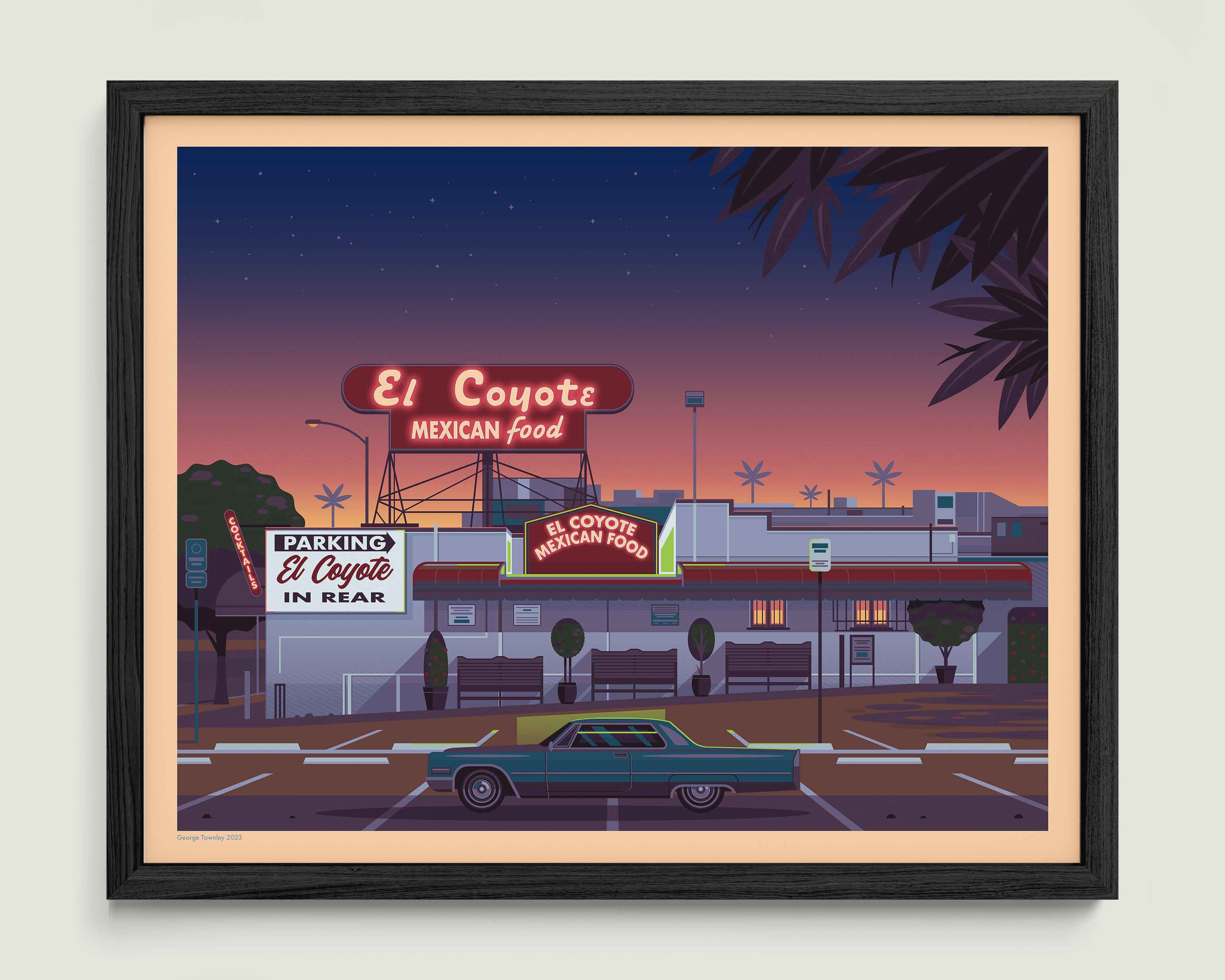 El Coyote Cafe illustration of a Los Angeles landmark by George Townley – detailed architectural art print capturing the iconic landmark