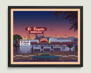 El Coyote Cafe illustration of a Los Angeles landmark by George Townley – detailed architectural art print capturing the iconic landmark