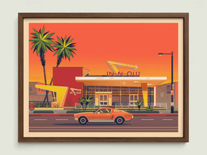 In - N - Out Westwood illustration of a Los Angeles landmark by George Townley – detailed architectural art print capturing the iconic landmark