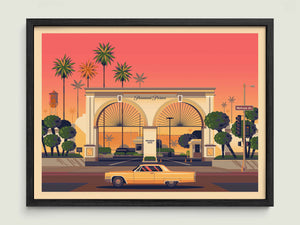 Paramount Pictures Gate illustration of a Los Angeles landmark by George Townley – detailed architectural art print capturing the iconic landmark