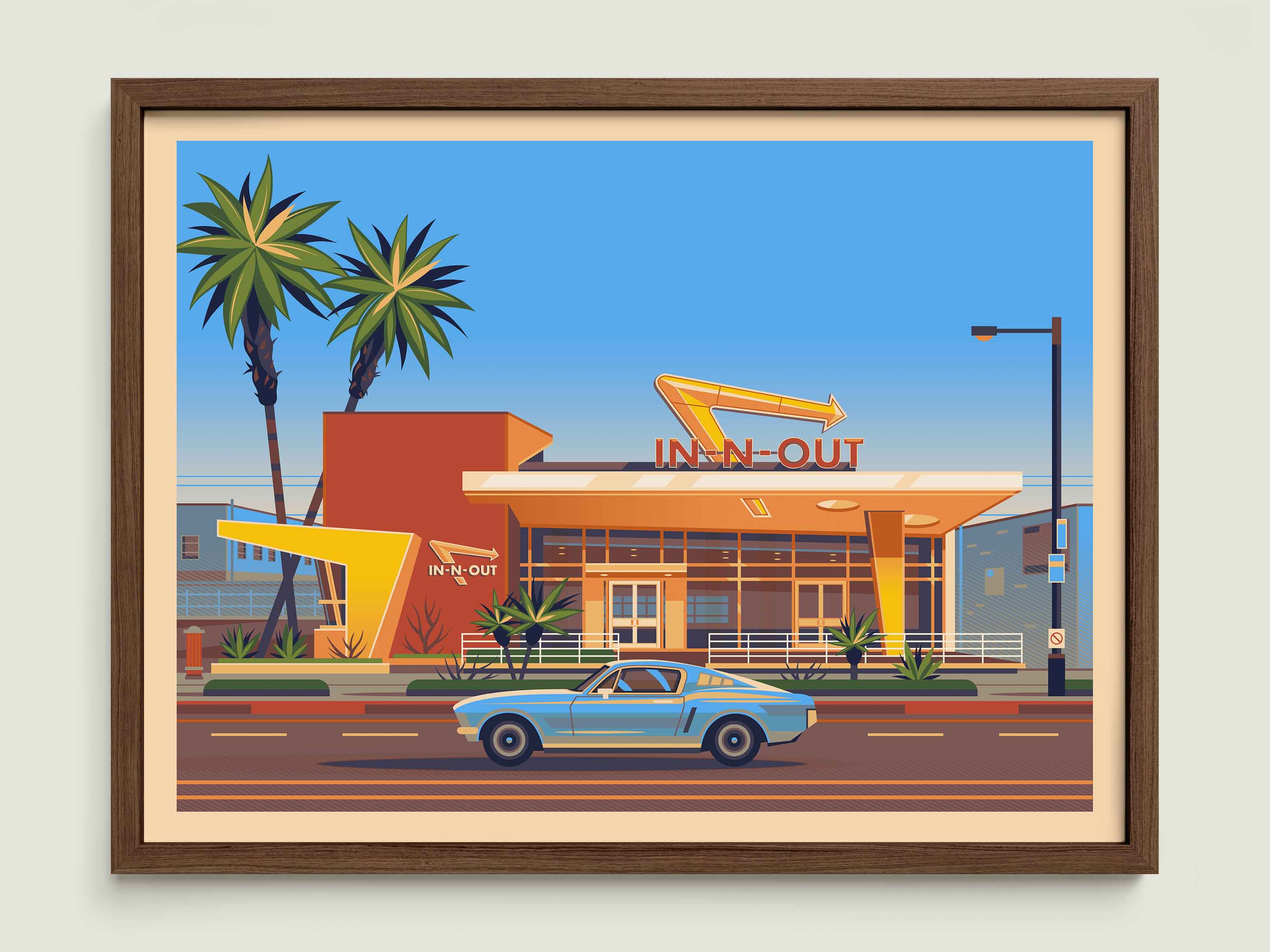 In - N - Out Westwood illustration of a Los Angeles landmark by George Townley – detailed architectural art print capturing the iconic landmark