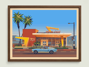 In - N - Out Westwood illustration of a Los Angeles landmark by George Townley – detailed architectural art print capturing the iconic landmark