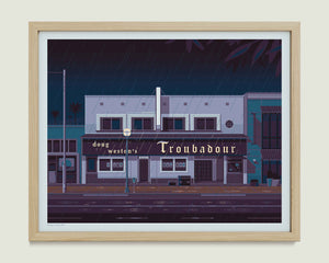 Troubadour illustration of a Los Angeles landmark by George Townley – detailed architectural art print capturing the iconic landmark