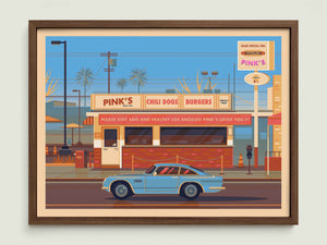 Pink's Hot Dogs illustration of a Los Angeles landmark by George Townley – detailed architectural art print capturing the iconic landmark