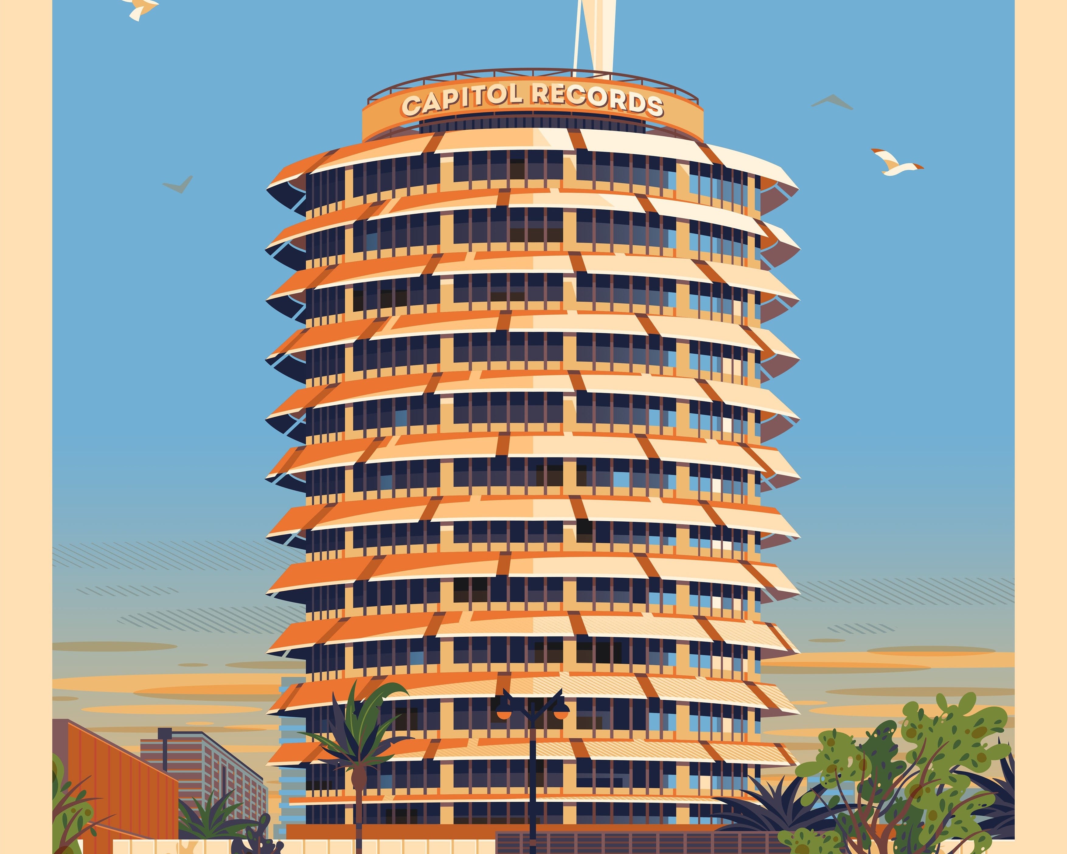 Capitol Records illustration of a Los Angeles landmark by George Townley – detailed architectural art print capturing the iconic landmark