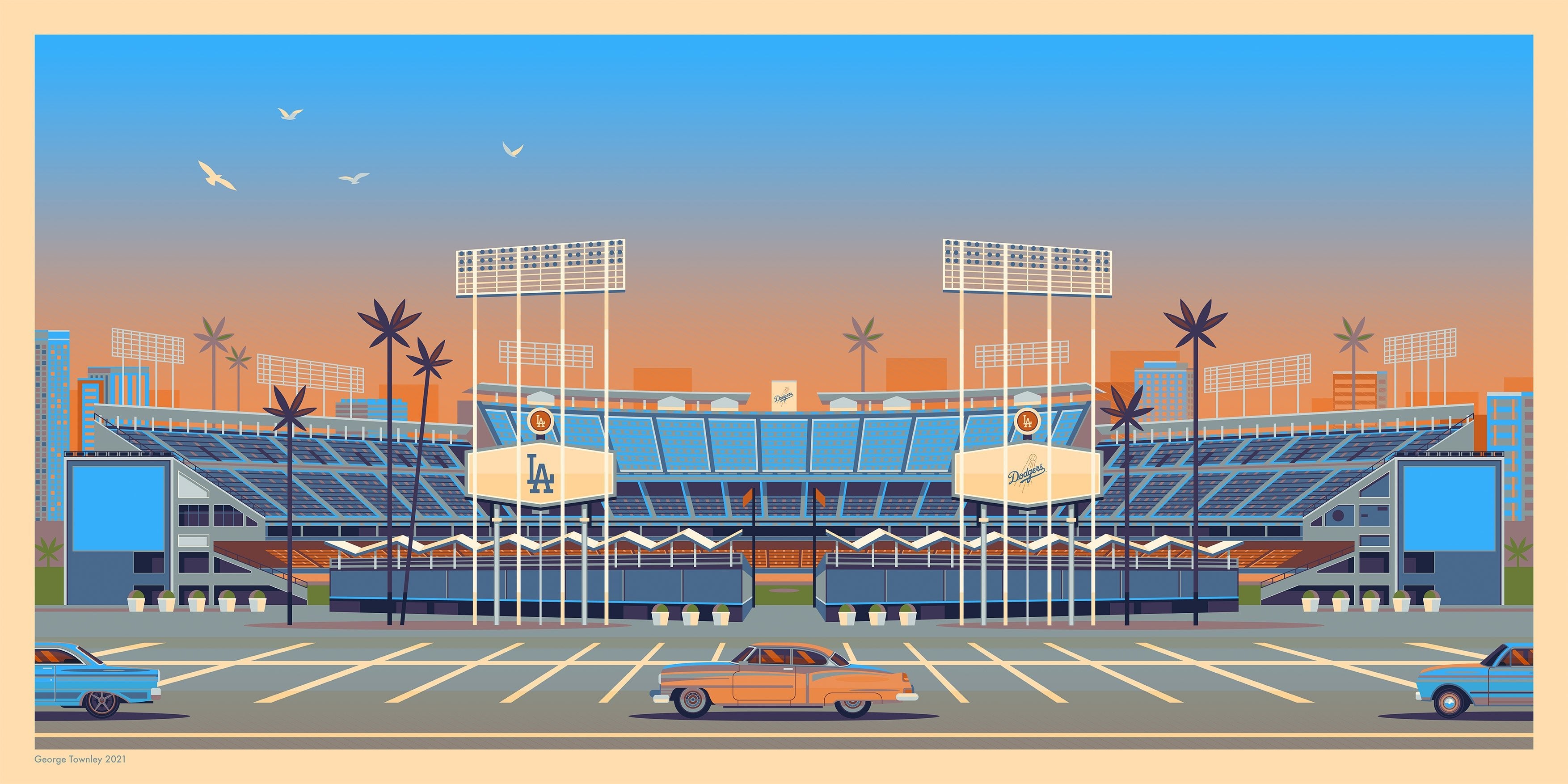 Dodger Stadium Illustration, Los Angeles Art Print by George Townley