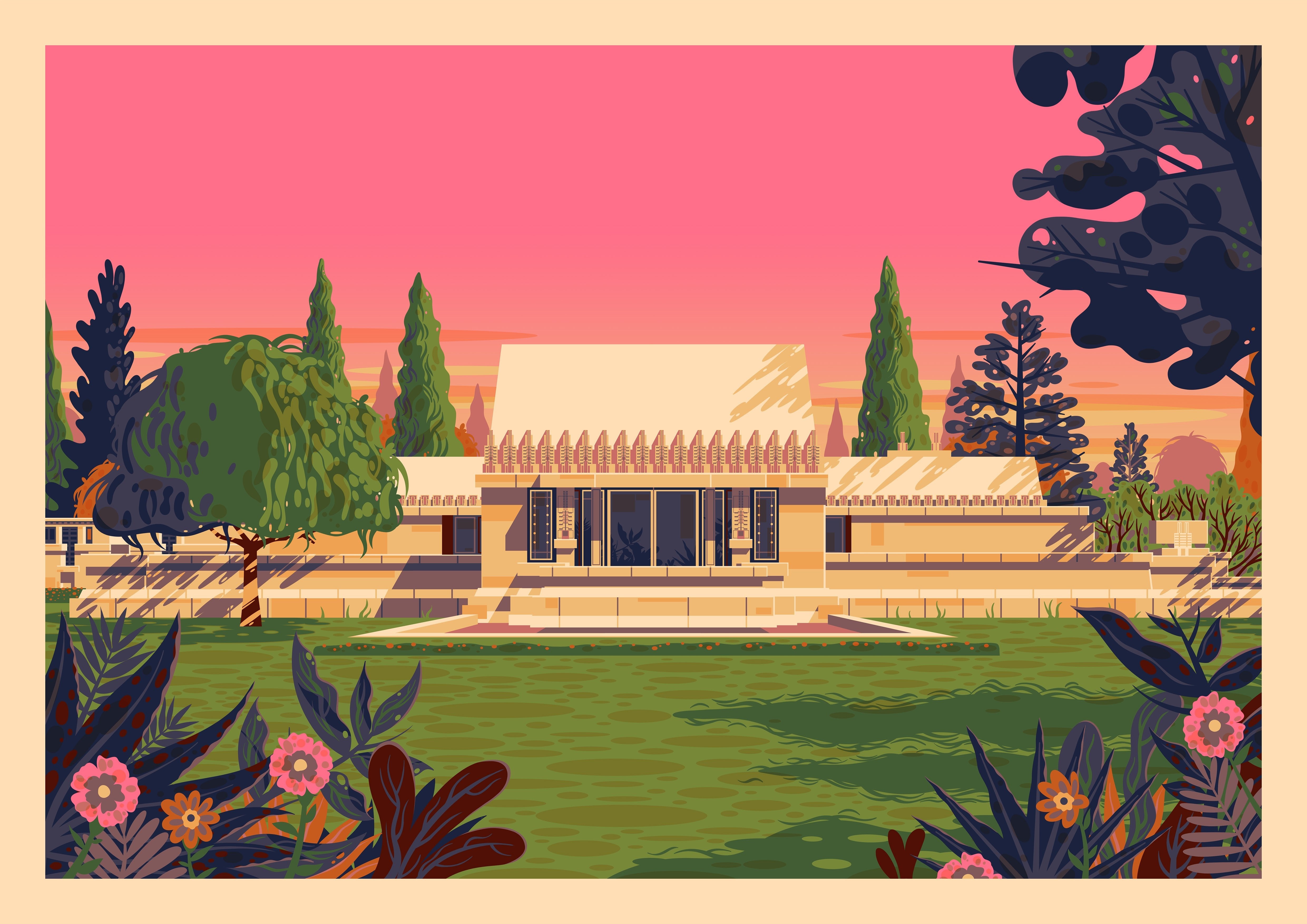 Hollyhock House Illustration, Los Angeles Art Print by George Townley