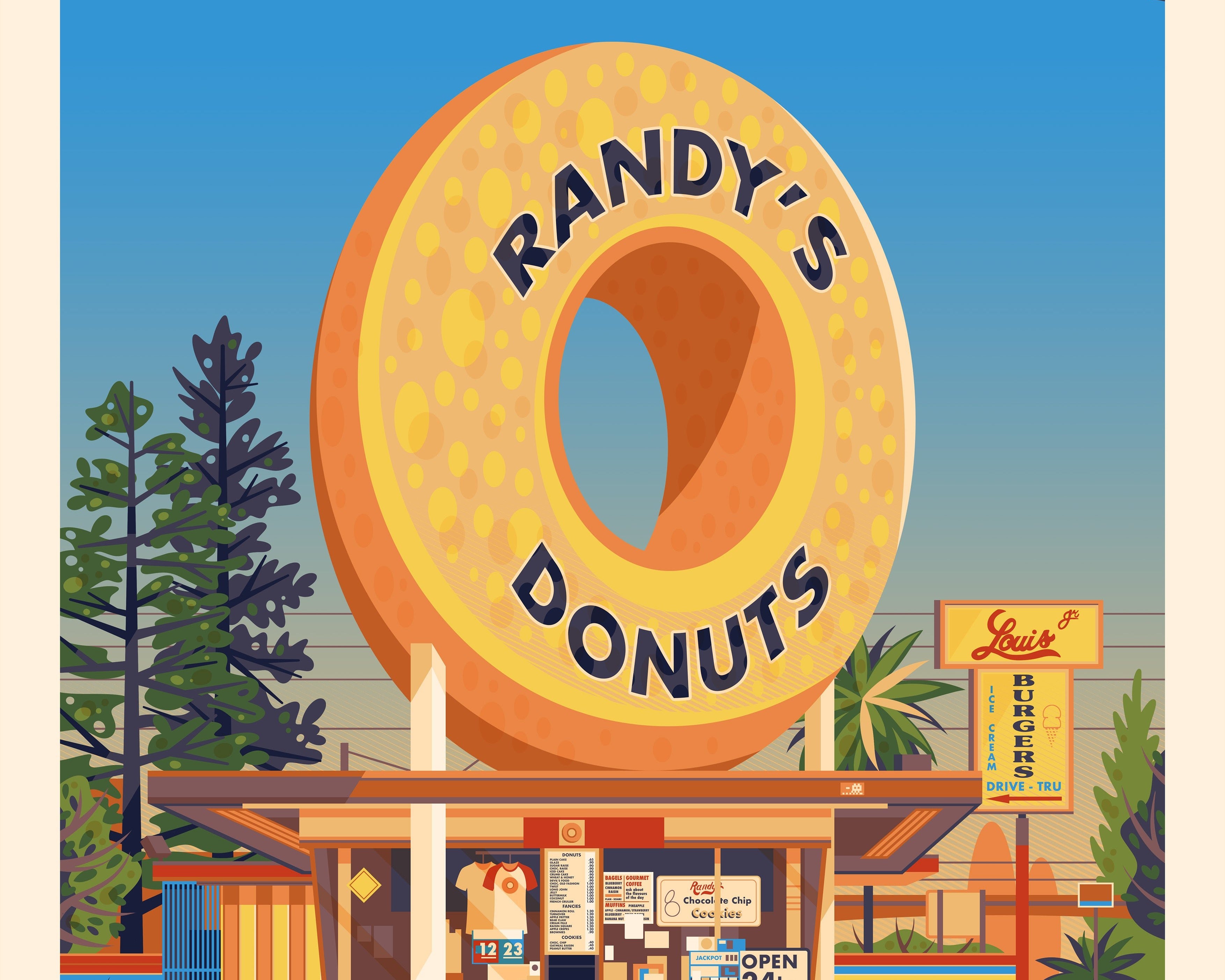 Randy's Donuts Illustration, Los Angeles Art Print by George Townley